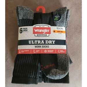 Wrangler Mens Cushion Crew Big Tall Size 12-15 Black / Gray Work Socks 6 Pair